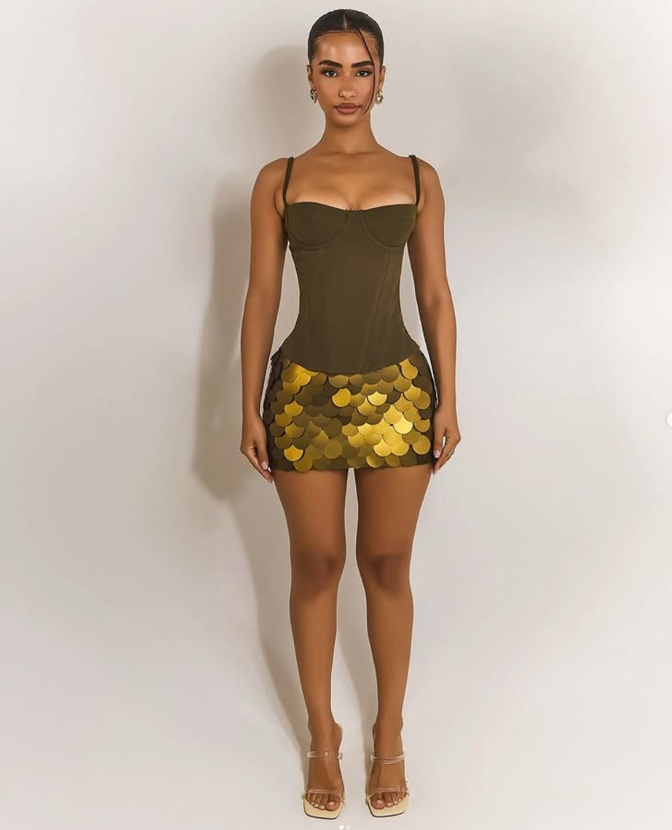 Olive Green Corset Top with Gold Scale - patterned Mini Skirt Set