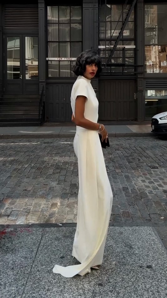 Ivory High - Neck Short - Sleeve Top and Wide - Leg Pant Set