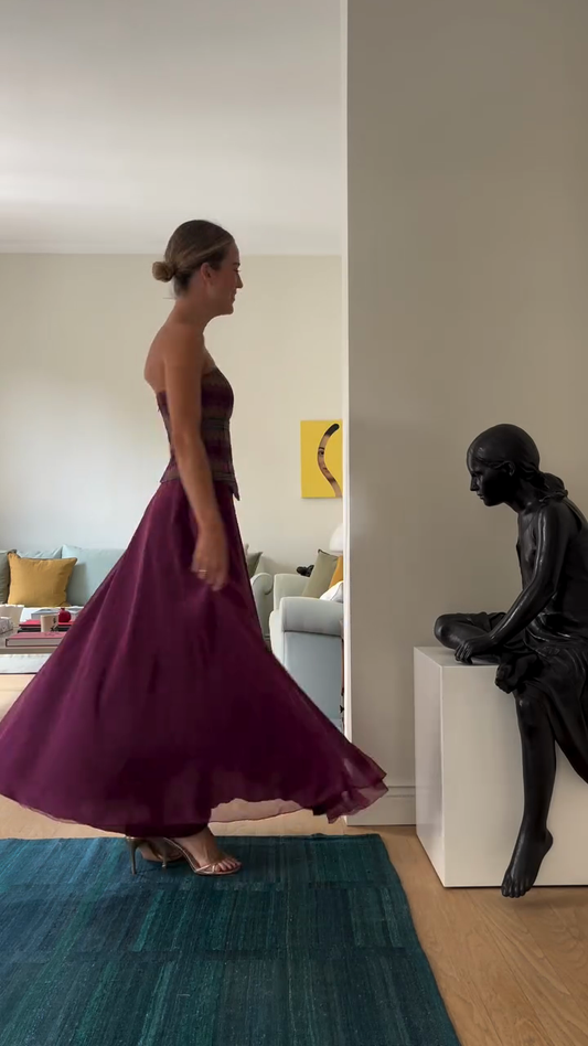 Burgundy Strapless Maxi Dress with Patterned Bodice