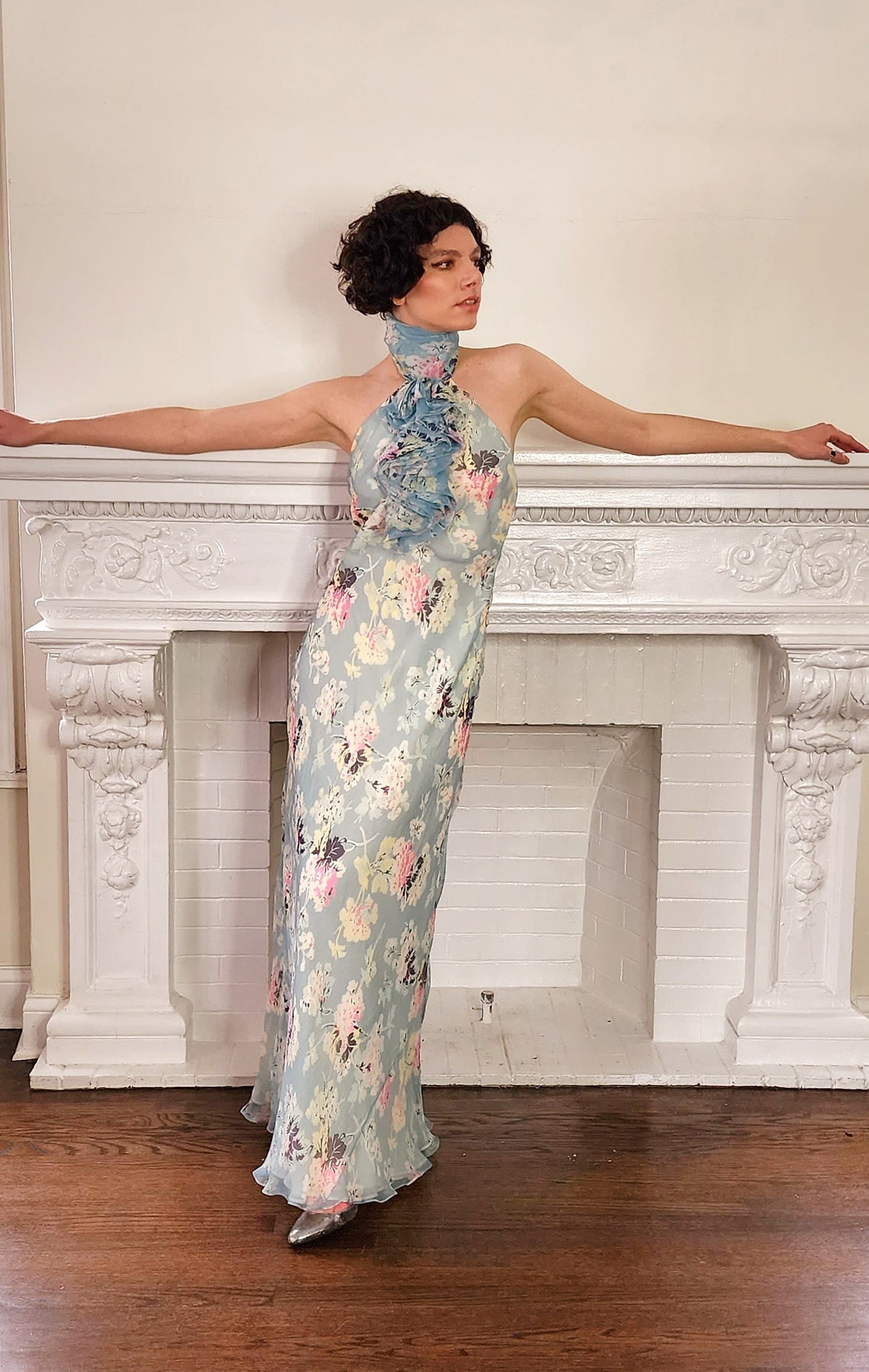 Light Blue Floral Ruffle Halter Maxi Dress