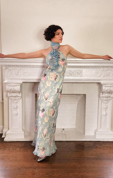 Light Blue Floral Ruffle Halter Maxi Dress