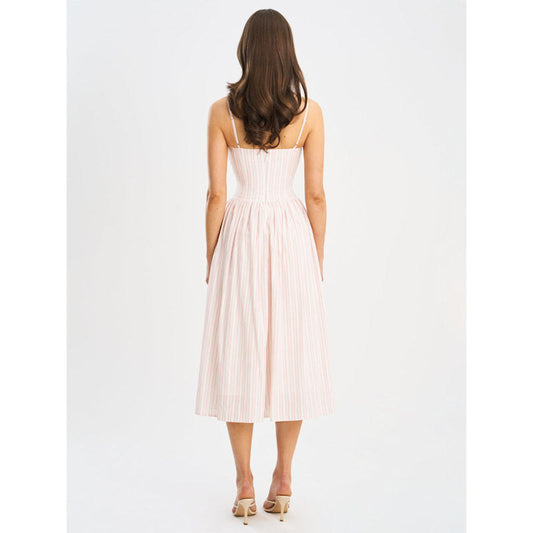 Pink Striped Sweetheart Neck Spaghetti Strap Midi Dress
