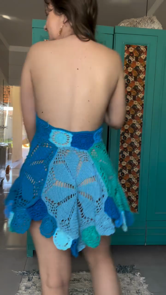 Blue Crochet Halter Mini Dress