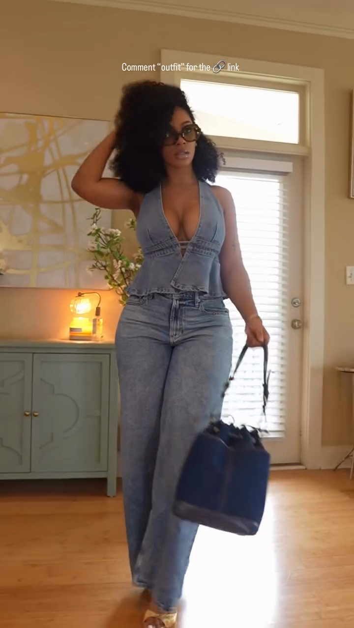 Denim Halterneck Ruffle Top and Wide-Leg Jeans Set