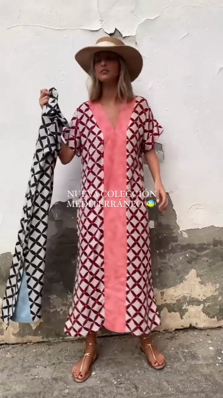 Geometric Print V - Neck Midi Dress with Contrast Panel