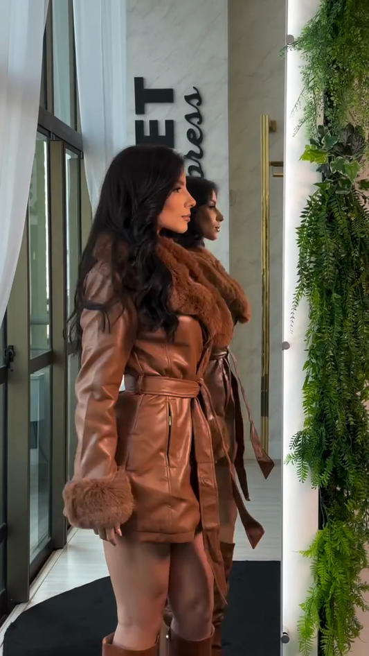 Brown Faux Leather Coat with Fur Trim