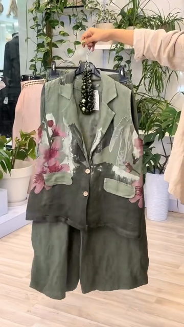 Olive Green Floral - Printed Vest and Shorts Set
