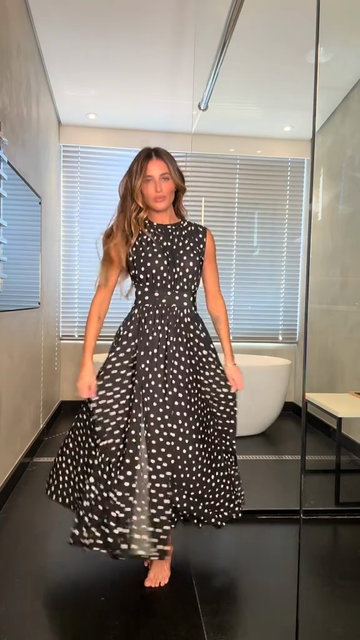 Black Polka Dot Sleeveless Maxi Dress with Side Slit