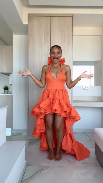 Orange Halterneck High - Low Dress with Bow Detail