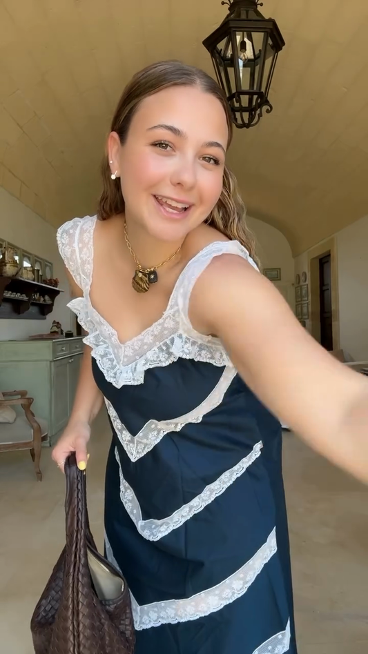 Navy Blue and White Striped Lace - Trimmed Maxi Dress