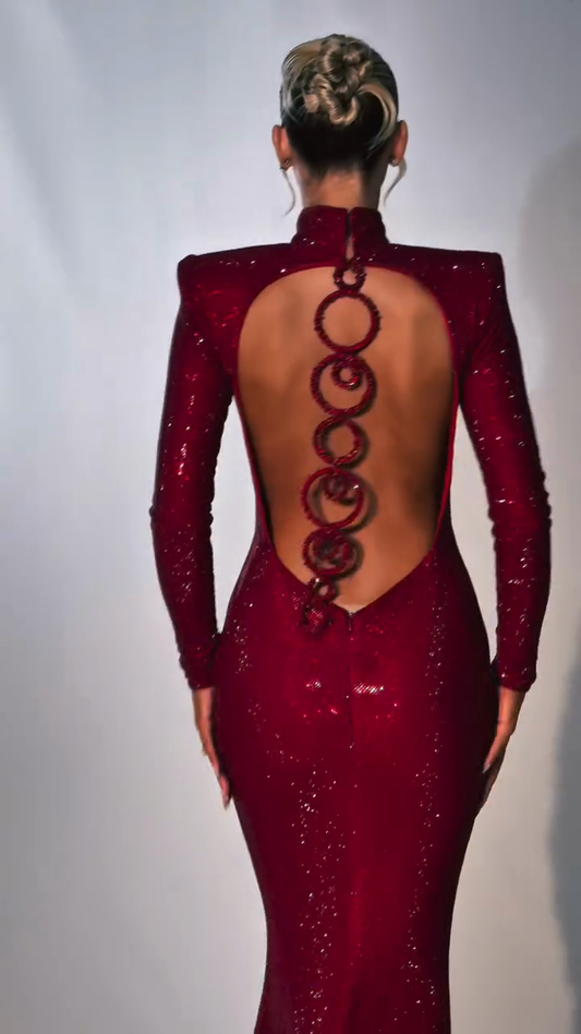 Burgundy Sequin High - Neck Open - Back Gown