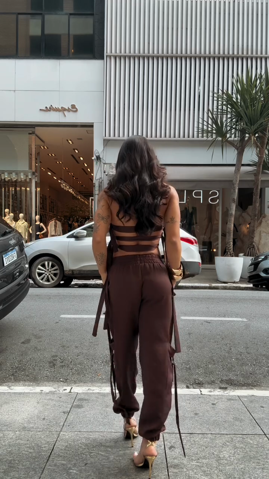 Brown Off Shoulder Crop Top and Drawstring Pants Set