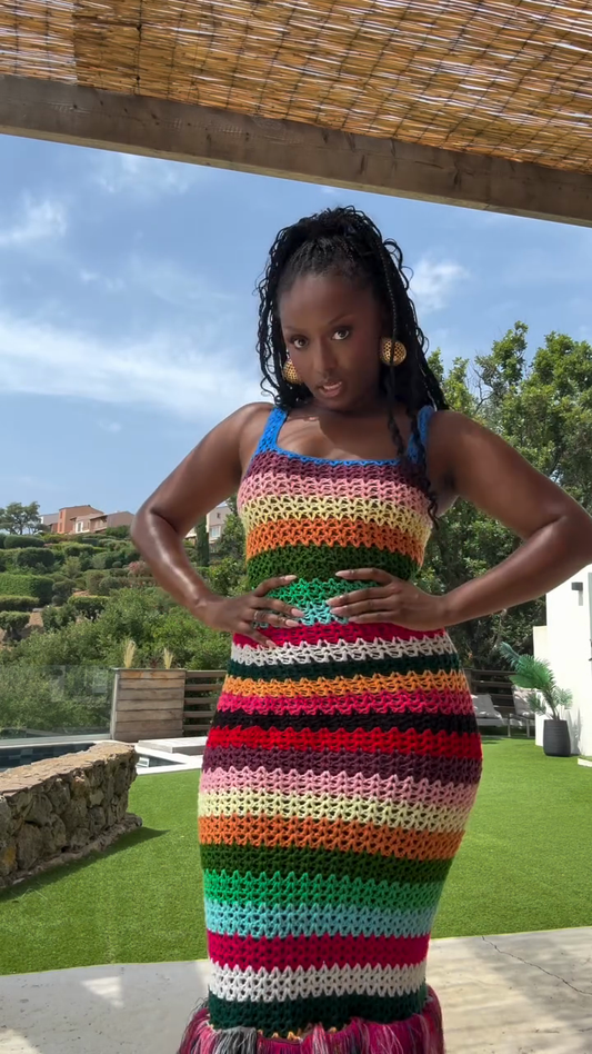 Colorful Striped Crochet Mermaid Dress with Fringe