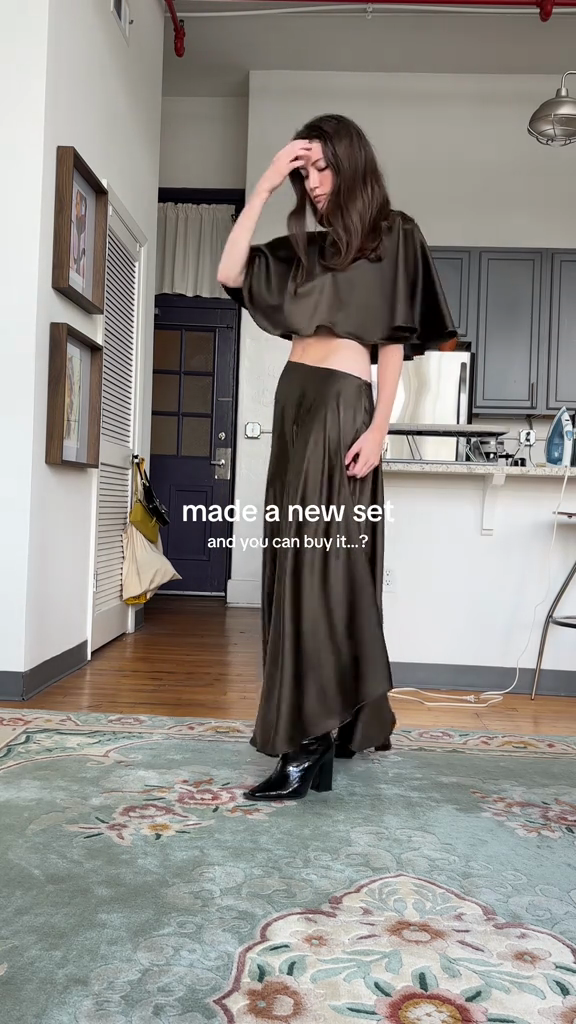 Olive Green Satin Crop Top and Maxi Skirt Set