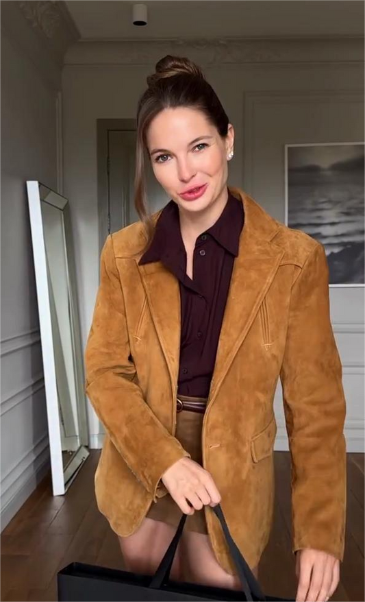 Brown Suede Blazer with Contrast Collar