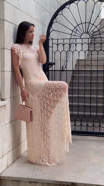 Beige Crochet Short Sleeve Maxi Dress