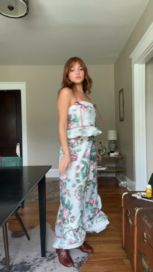 Floral Print Top and Long Skirt Set With Pink Accents