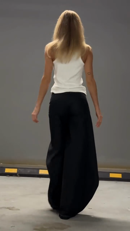 Black Wide - leg Pants with White Stitching Detail