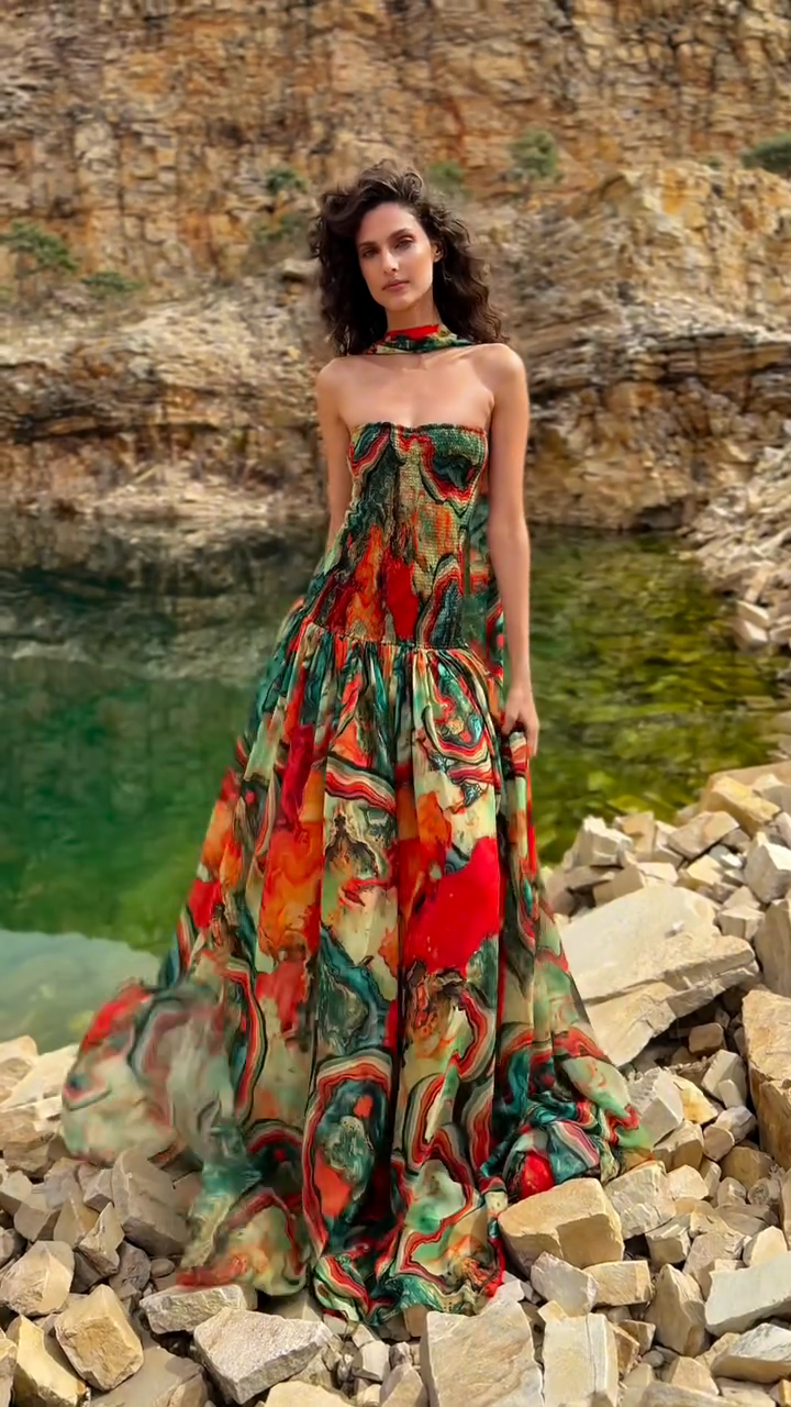 Colorful Printed Halter Neck Maxi Dress