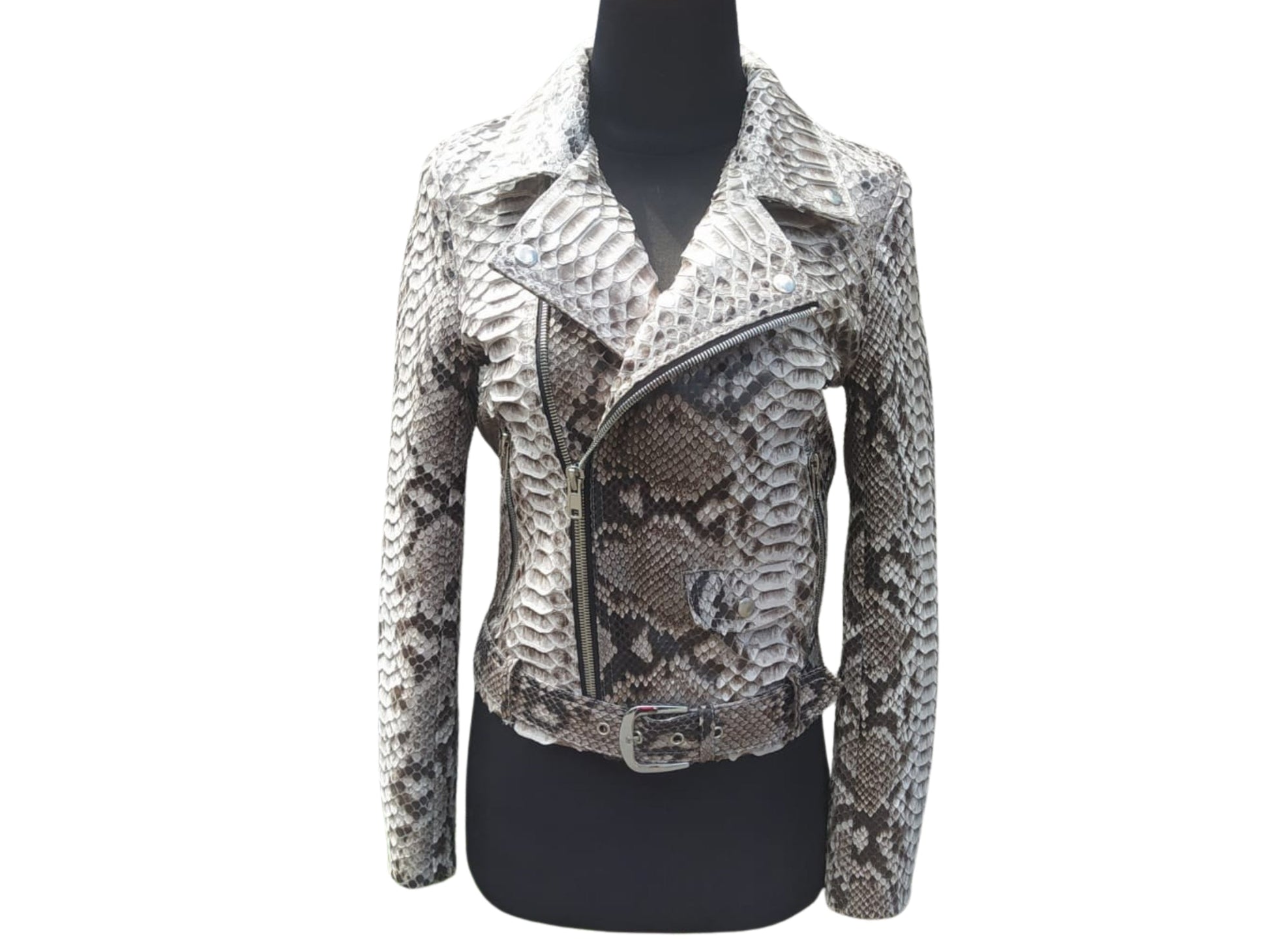 genuine Snakeskin patterned jacket on a mannequin against a white background