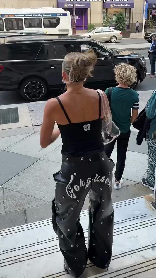 Black Studded Leather Wide - Leg Pants