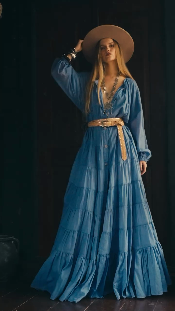 Blue Tiered Maxi Dress with Belt