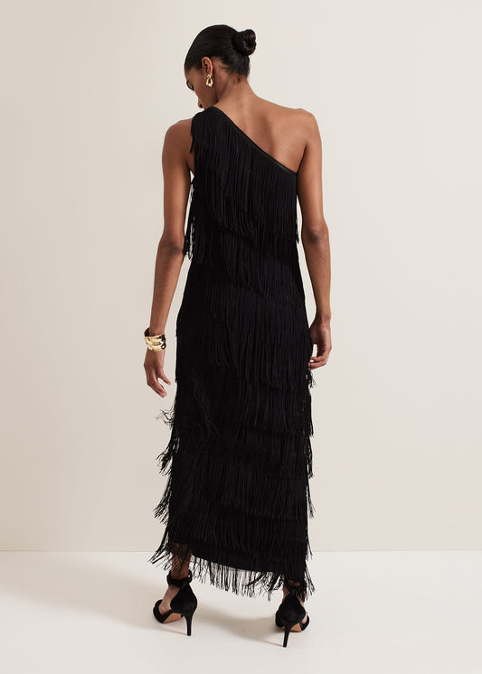 Black One - Shoulder Fringed Maxi Dress
