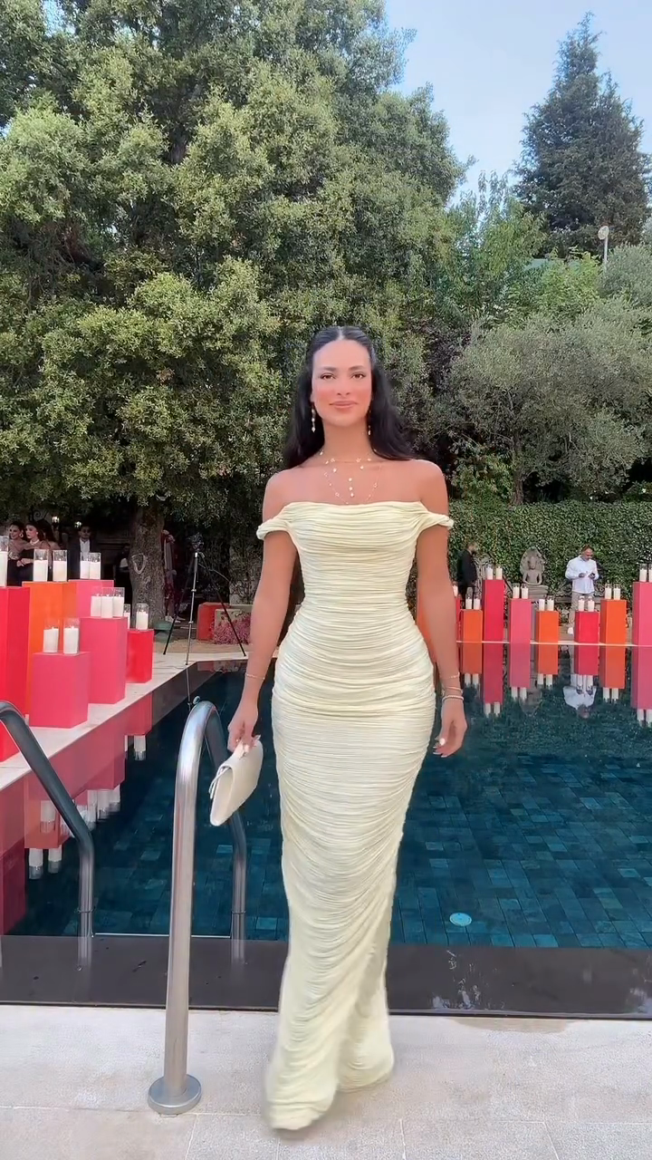 Light Green Off - Shoulder Ruched Maxi Dress