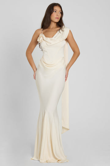 Asymmetric Drape Gown with Floral Accent