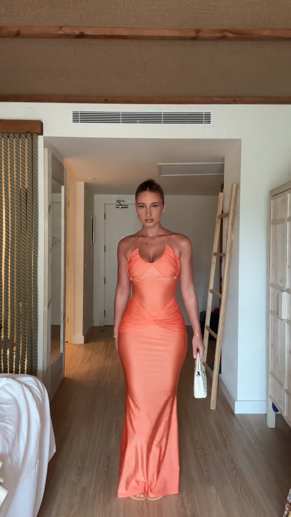 Coral Satin Halter Maxi Dress