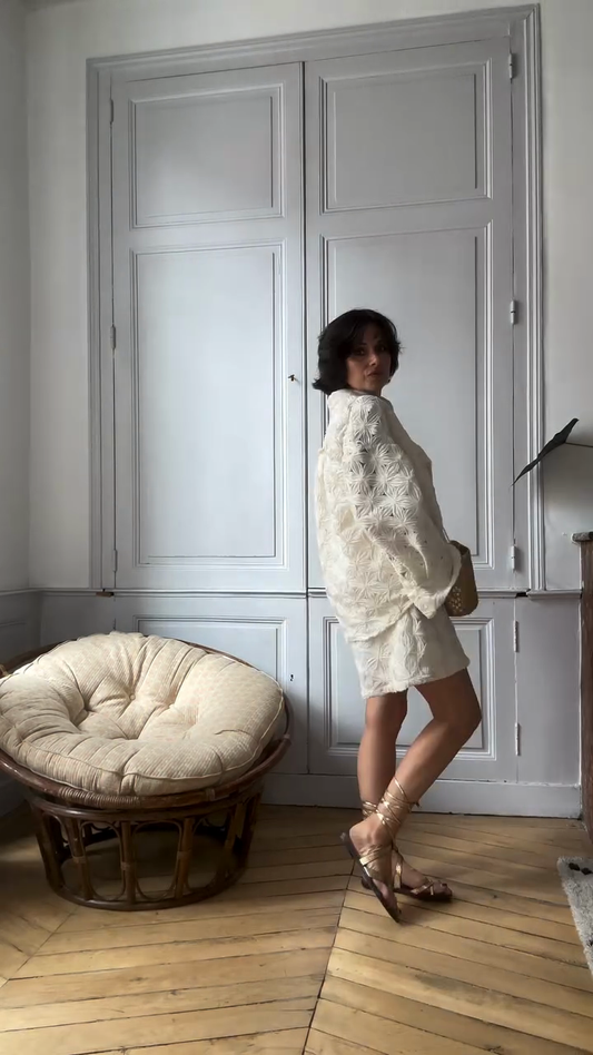 Ivory Embroidered Button - Up Jacket and Shorts Set