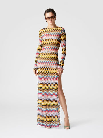 Colorful Chevron - Patterned Long - Sleeve Maxi Dress