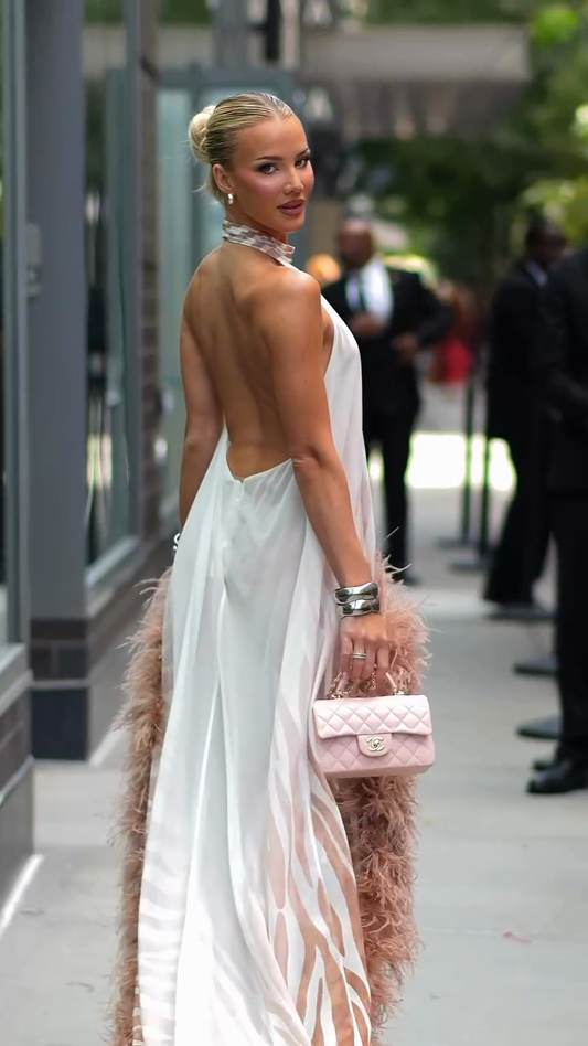 Feather-trimmed printed dress