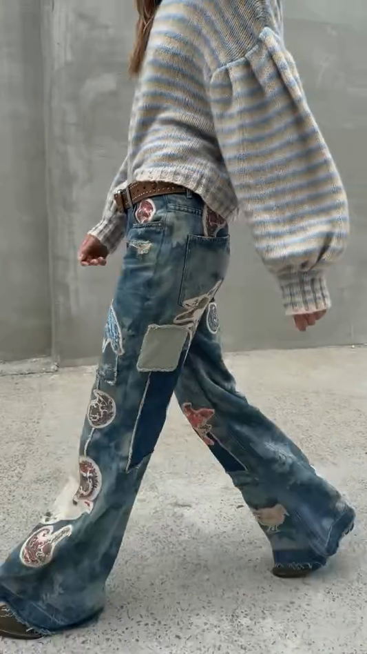 Embroidered Patchwork Flared Jeans