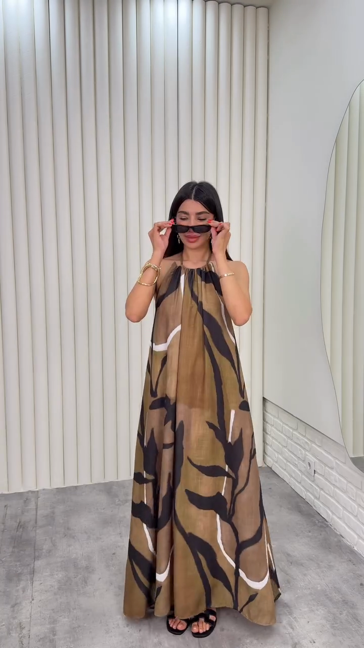 Brown Leaf Print Halter Dress