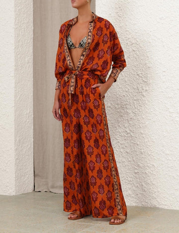 Printed Long - Sleeve Shirt and Wide - Leg Pants Set