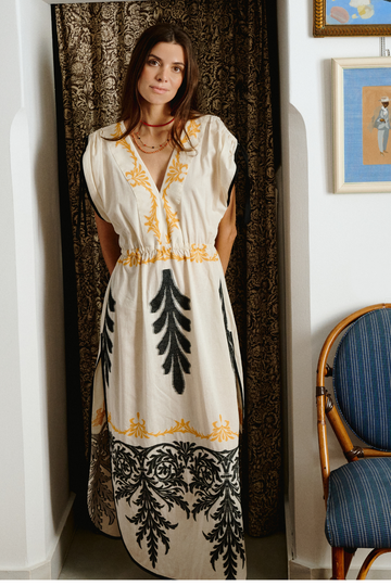Cream Embroidered V - Neck Maxi Dress