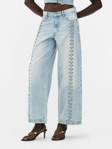 Light Blue Lace - Up Wide - Leg Denim Jeans