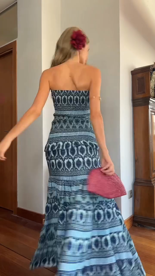 Blue and White Patterned Strapless Maxi Dress