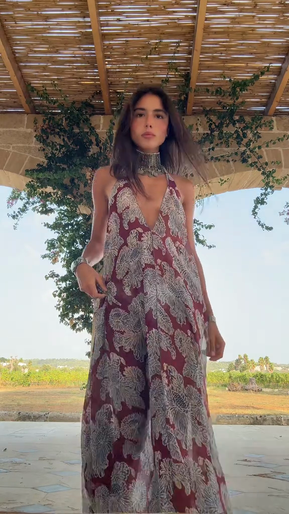 Deep - V Halter Maxi Dress with Floral Print