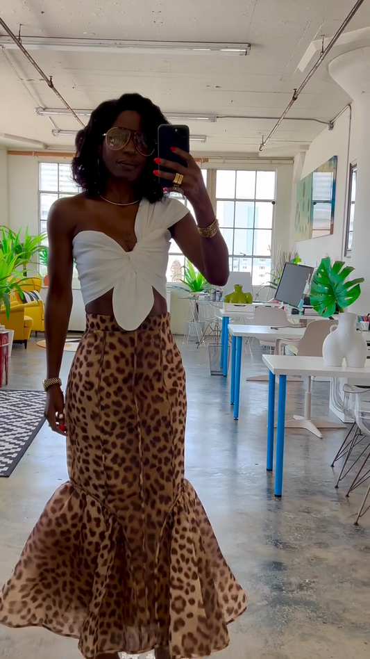 White One - Shoulder Crop Top and Leopard - Print Mermaid Skirt