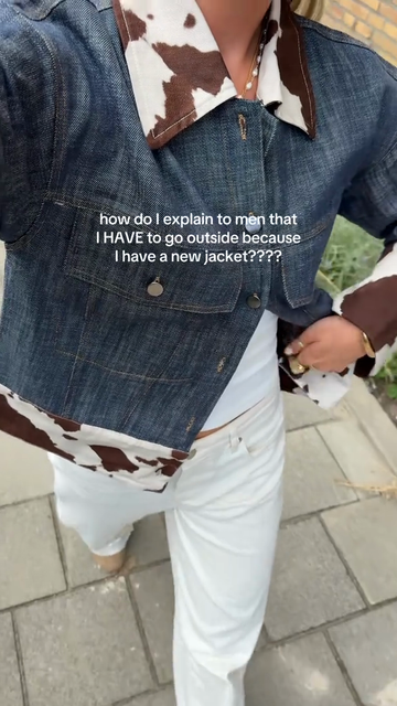 Denim Jacket with Cow - Print Collar and Trim