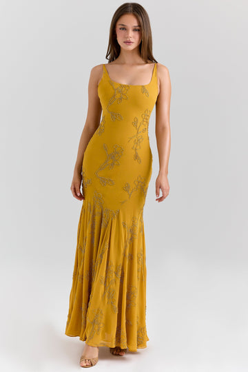 Mustard Yellow Embroidered Mermaid Gown