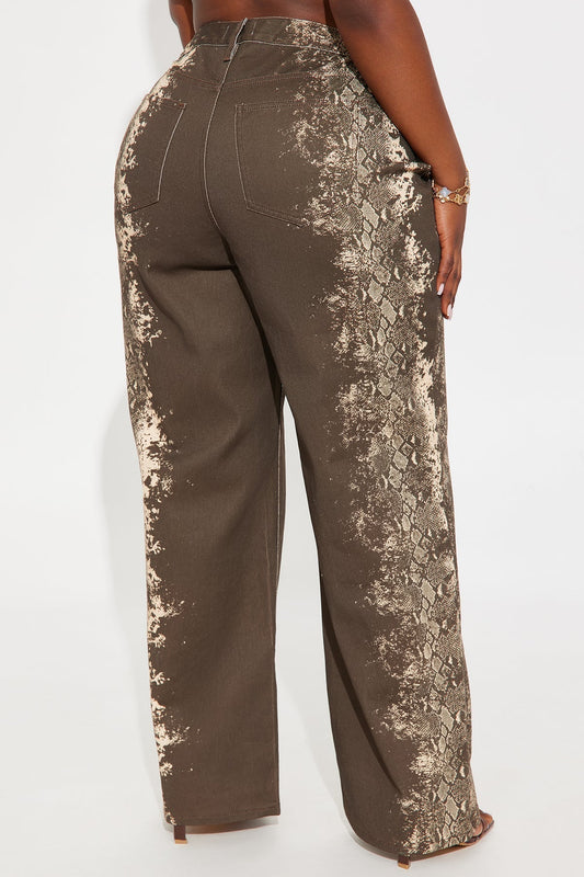 Snake Print Distressed Wide - Leg Jeans