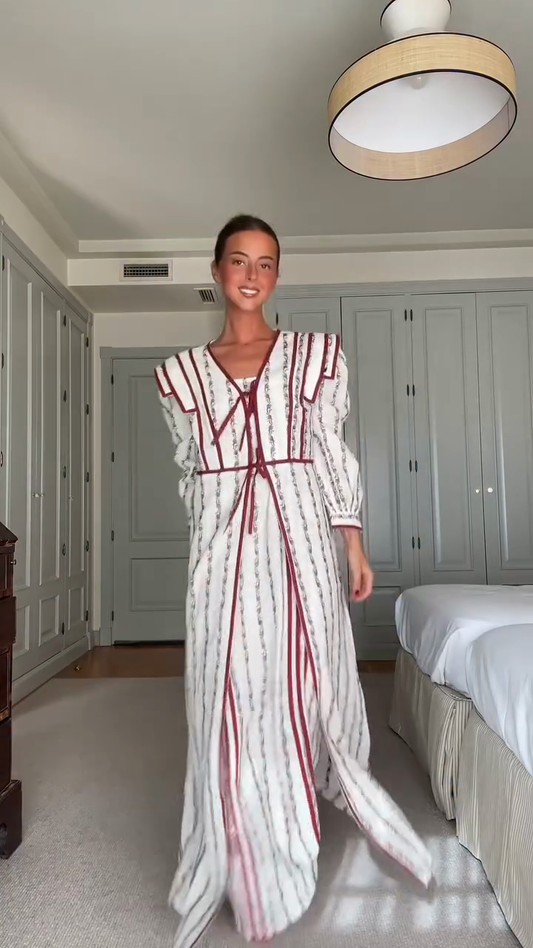 White and Maroon Striped Maxi Dress