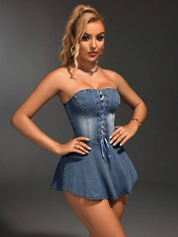 Denim Strapless Lace - Up Mini Dress