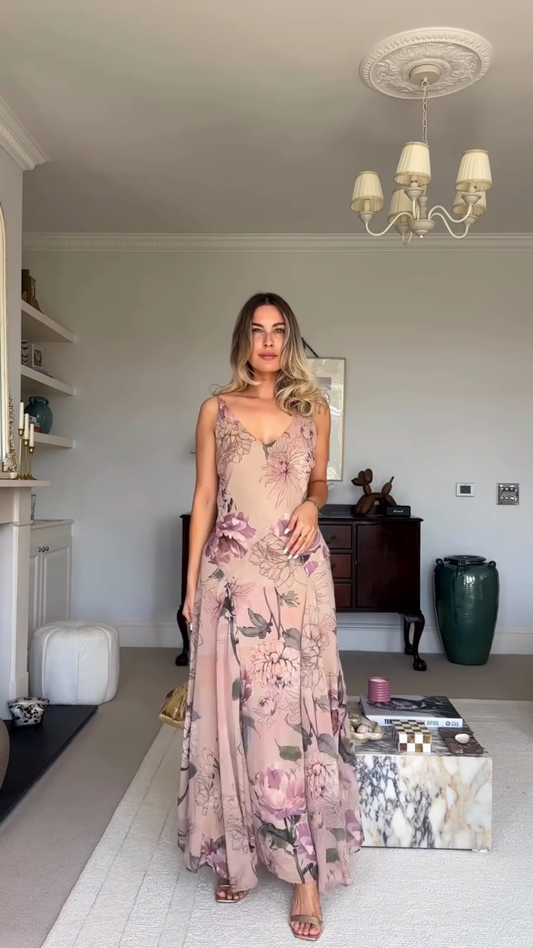 Blush Pink Floral Print Spaghetti - strap Maxi Dress