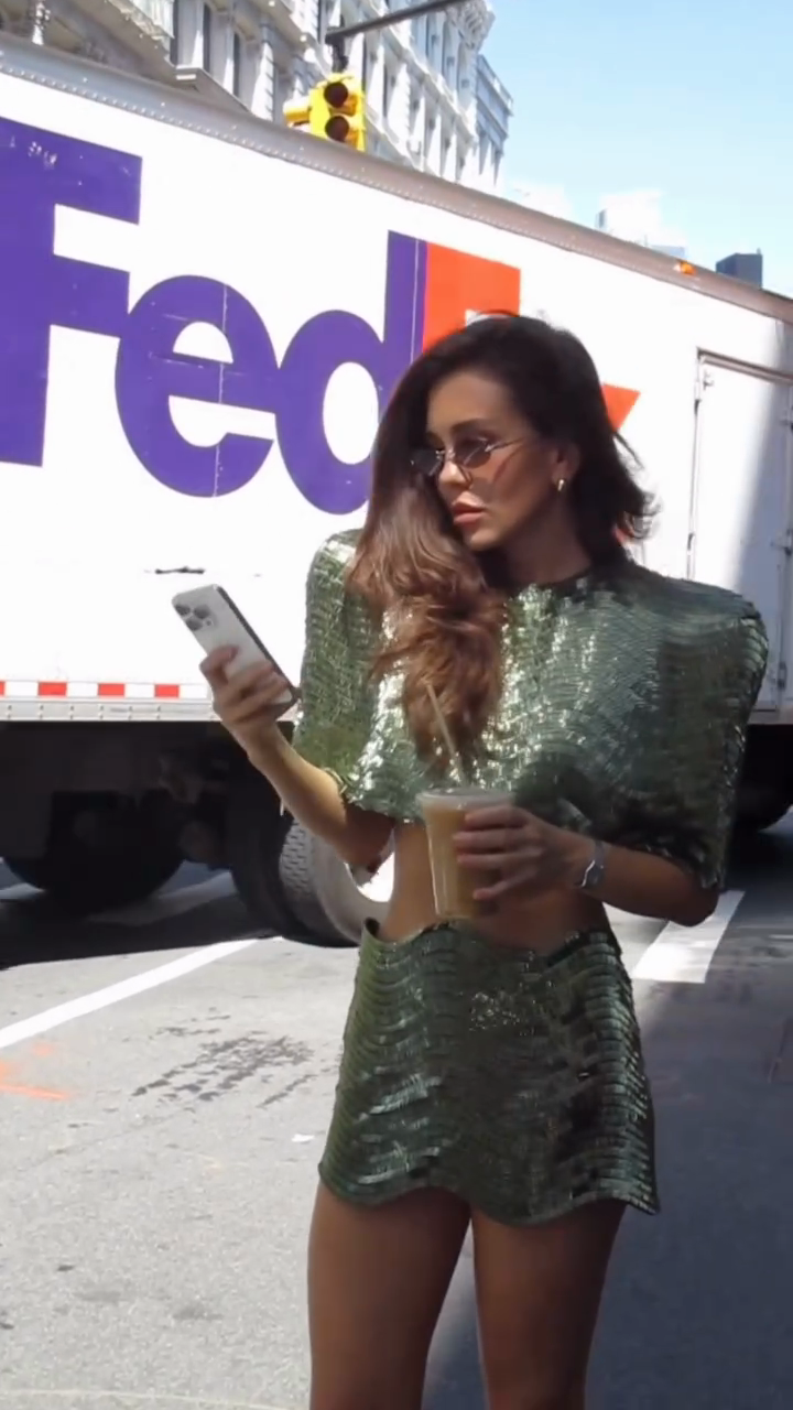 Green Metallic Crop Top & Mini Skirt Set