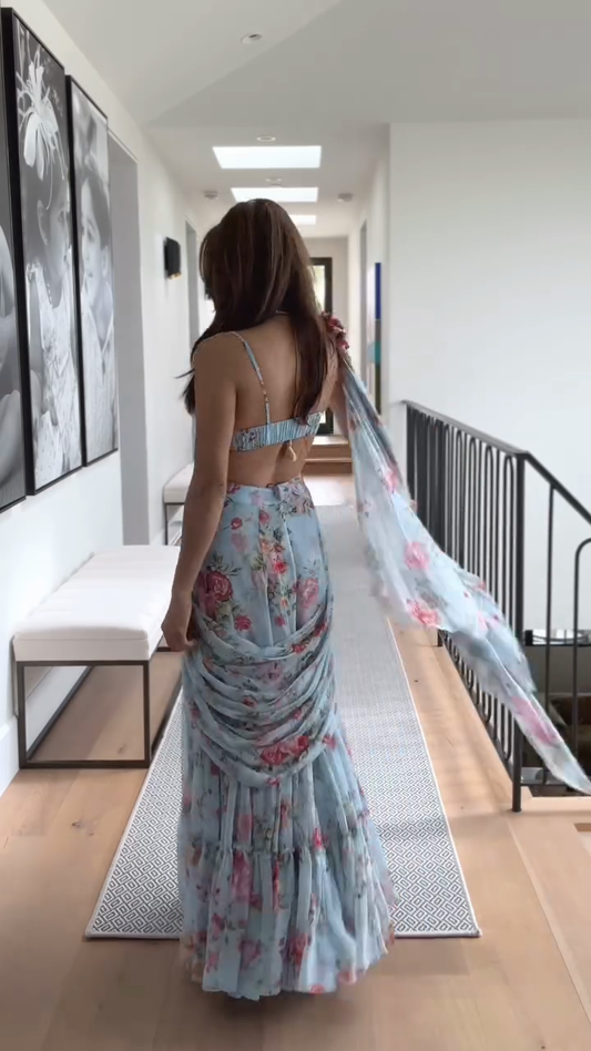 Floral - Printed Saree - Style Two - Piece Set