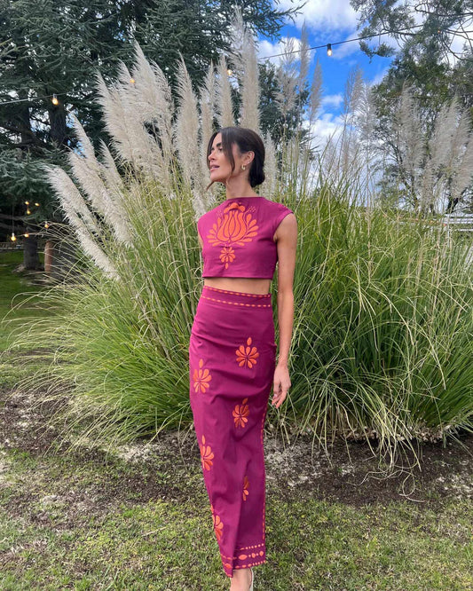 Floral  Embroidered Crop Top & Maxi Skirt Set